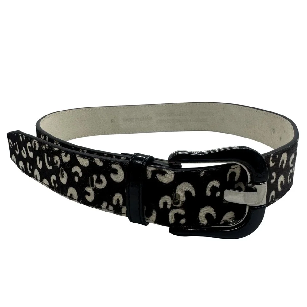 Vintage Women Animal Print Hair Calf Leather Belt Black White Leopard Small